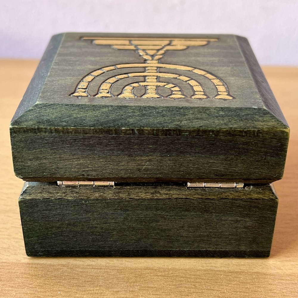 VINTAGE ISRAEL WOOD DECORATIVE BOX MENORAH MAGEN DAVID STAR OF DAVID GREEN GOLD - Picture 11 of 16